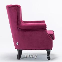 Velvet Armchair Queen Anne Wing Back Chair Vintage Fireside Lounge Seat Oak Legs