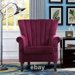 Velvet Upholstered Wingback Accent Chair Single Sofa Armchair w Oak Legs & Studs