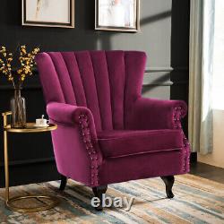 Velvet Upholstered Wingback Accent Chair Single Sofa Armchair w Oak Legs & Studs