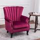 Velvet Wing Back Armchair Sofa Chair With Upholstered Seat & Oak Legs & Studs Arms