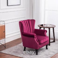 Velvet Wing Back Armchair Sofa Chair with Upholstered Seat & Oak Legs & Studs Arms
