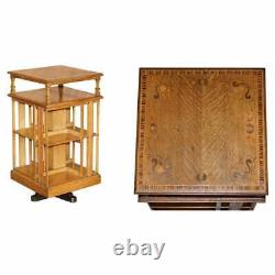 Very Rare Art Nouveau Oak & Sample Wood Inlaid Revolving Bookcase Side End Table