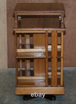 Very Rare Art Nouveau Oak & Sample Wood Inlaid Revolving Bookcase Side End Table