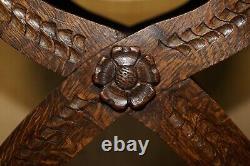 Vintage English Oak Jacobean Style Hand Carved Brown Leather X Framed Armchair