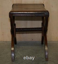 Vintage English Oak Jacobean Style Hand Carved Stool Part Of A Large Suite