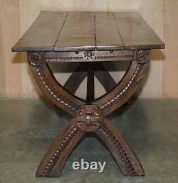 Vintage Hand Carved Circa 1950's Trestle Dining Table English Oak Jacobean Style