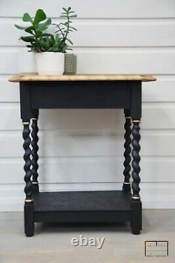 Vintage Oak Barley Twist Side Table with Shelf Black Painted Legs & Gold Accents