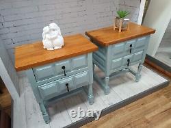 Vintage Pair Country Bedside Cabinets Drawers 1930 Refurbished Solid Oak & Beech