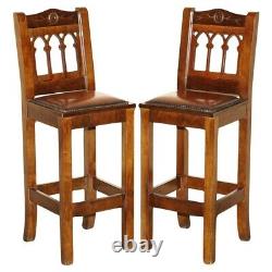 Vintage Pair Of Fully Restored Brown Leather Arts & Crafts Kitchen Bar Stools