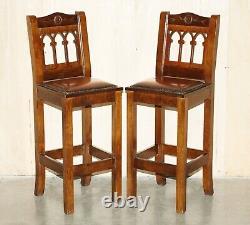 Vintage Pair Of Fully Restored Brown Leather Arts & Crafts Kitchen Bar Stools