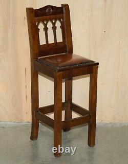 Vintage Pair Of Fully Restored Brown Leather Arts & Crafts Kitchen Bar Stools