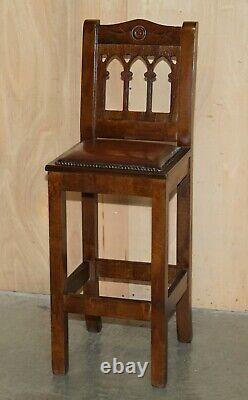 Vintage Pair Of Fully Restored Brown Leather Arts & Crafts Kitchen Bar Stools