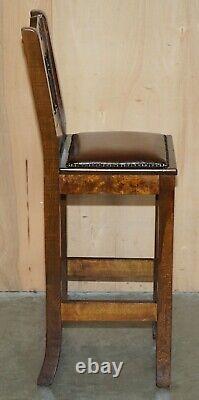 Vintage Pair Of Fully Restored Brown Leather Arts & Crafts Kitchen Bar Stools