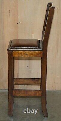 Vintage Pair Of Fully Restored Brown Leather Arts & Crafts Kitchen Bar Stools