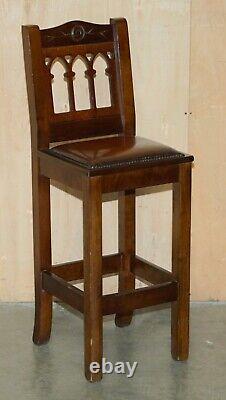 Vintage Pair Of Fully Restored Brown Leather Arts & Crafts Kitchen Bar Stools