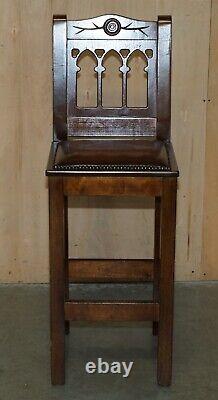 Vintage Pair Of Fully Restored Brown Leather Arts & Crafts Kitchen Bar Stools