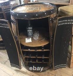 Vintage Solid Oak Whiskey Barrel 2 Door Drinks Cabinet 3 Wine Racks, 1 Shelf