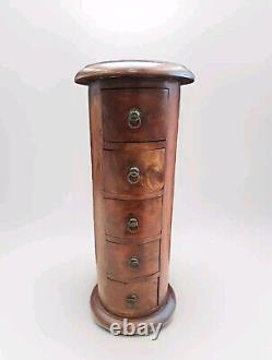 Vintage Solid Wood Dark Cylinder Round Wooden Furniture 5 Drawer Unit Drum Chest