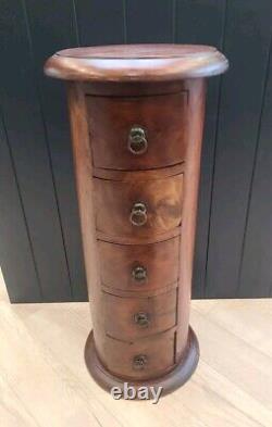 Vintage Solid Wood Dark Cylinder Round Wooden Furniture 5 Drawer Unit Drum Chest