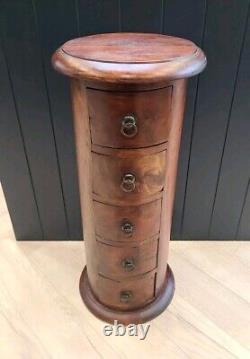 Vintage Solid Wood Dark Cylinder Round Wooden Furniture 5 Drawer Unit Drum Chest