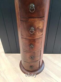 Vintage Solid Wood Dark Cylinder Round Wooden Furniture 5 Drawer Unit Drum Chest