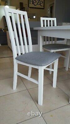 Wooden chair, strong and solid, beech wood, white with grey fabric, Ramen