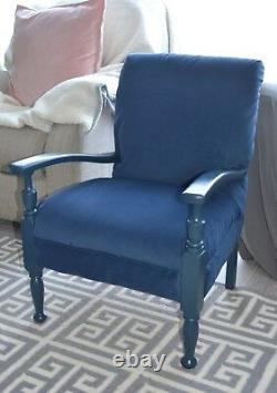 Chaise Basse Vintage, Bleu Foncé, Bois Massif, Rembourré En Daim Faux Nubuck