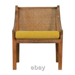 Chaise en rotin, velours moutarde, finition légère, assise en bois de manguier massif, style scandinave Seeley.
