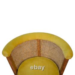 Chaise en rotin, velours moutarde, finition légère, assise en bois de manguier massif, style scandinave - Seeley.