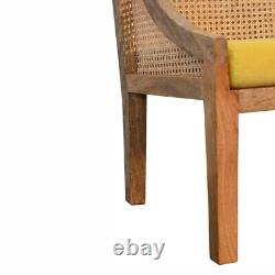 Chaise en rotin, velours moutarde, finition légère, assise en bois de manguier massif, style scandinave Seeley.