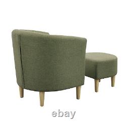 Fauteuil en tissu rembourré vert avec repose-pieds