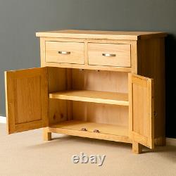 London Oak Small Sideboard Cabinet Light Solid Wood Cupboard 2 Portes & Tiroirs