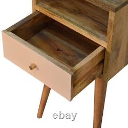 Petite table de chevet en bois de manguier peinte en rose poudré, compacte et petite table de nuit.