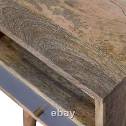 Petite table de chevet étroite avec tiroir gris, table de nuit compacte en bois de manguier.