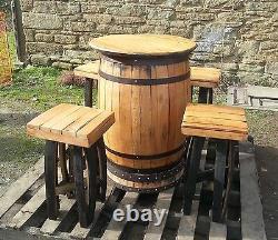 Recycled Solid Oak Whiskey Cask Bar Table Patio Table Et 4 Tabourets Ensemble