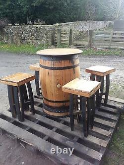 Recycled Solid Oak Whiskey Cask Bar Table Patio Table Et 4 Tabourets Ensemble