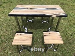 Table À Manger Sur Mesure Et 4 Tabourets X Solid Oak Dining Set Epoxy Stainless Steel