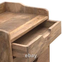 Table de chevet à 3 tiroirs avec dosseret à étagères en bois de manguier fait main.