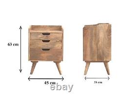 Table de chevet à 3 tiroirs avec dosseret à étagères en bois de manguier fait main.