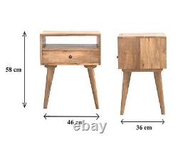 Table de chevet en bois de manguier massif moderne avec tiroir, étagère et finition chêne, pieds nordiques