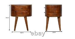 Table de chevet en bois massif arrondi avec tiroirs, finition châtaignier ou chêne