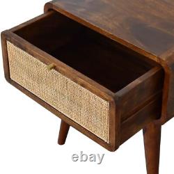 Table de chevet scandinave avec tiroir tissé, finition sombre en bois de manguier massif, 1 tiroir.