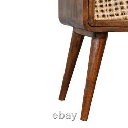 Table de chevet scandinave avec tiroir tissé, finition sombre en bois de manguier massif, 1 tiroir.