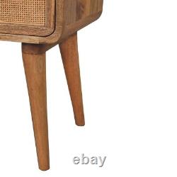 Table de chevet scandinave avec tiroirs tissés, finition claire, en bois de manguier massif, 2 tiroirs.