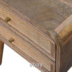 Table de chevet scandinave avec tiroirs tissés, finition légère en bois de mangue massif, 2 tiroirs.