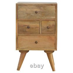 Table de chevet scandinave en bois de manguier massif avec 4 tiroirs, compacte, meuble de rangement pour la nuit.