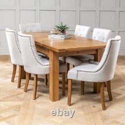 Table extensible en chêne massif de taille moyenne + 6x chaises en tissu naturel UK37-D-101-6-QTY